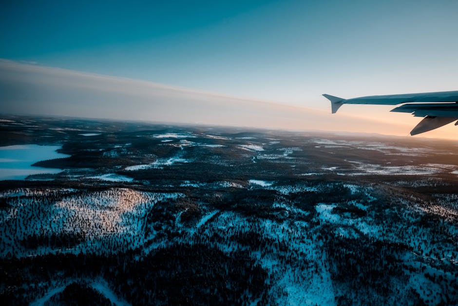 Breathtaking scenery of wing of modern airplane flying over lake and forest covered with snow in cloudless sunset sky