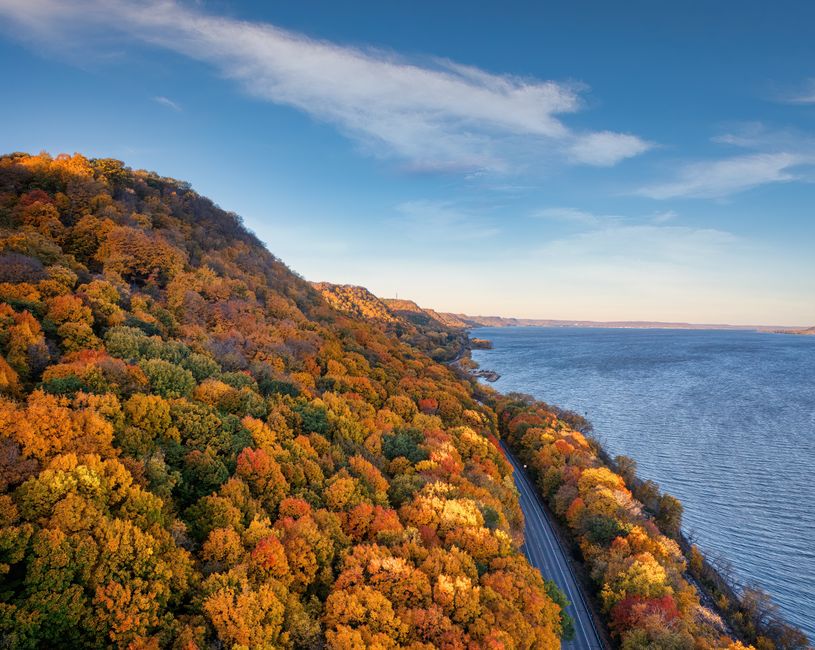 Captivating aerial view of autumn foliage along the Mississippi River near Stockholm, Wisconsin.