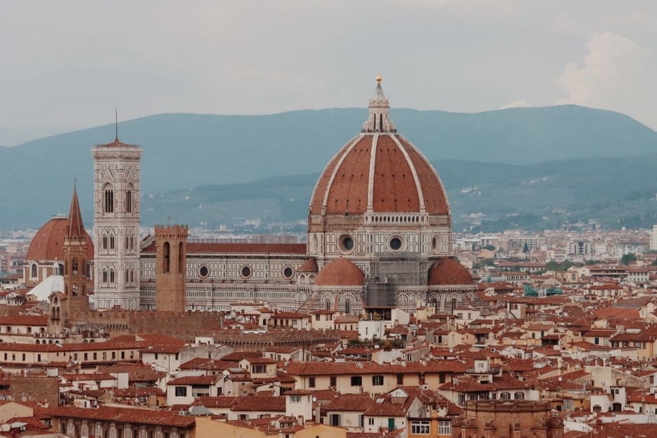 Stunning aerial view of Florence's iconic cathedral and cityscape in Tuscany, Italy.