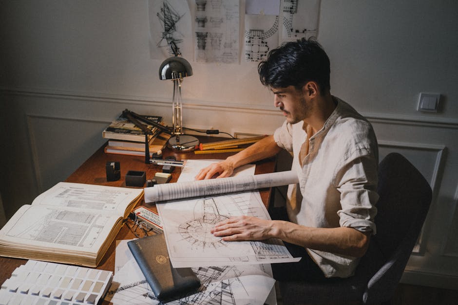 Young architect at a desk working on blueprint designs under lamp light.