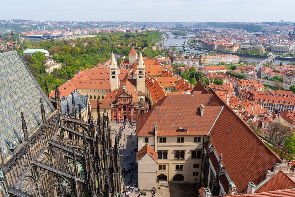 Aerial view showcasing Prague's Gothic architecture and vibrant cityscape, capturing the essence of its historical charm.