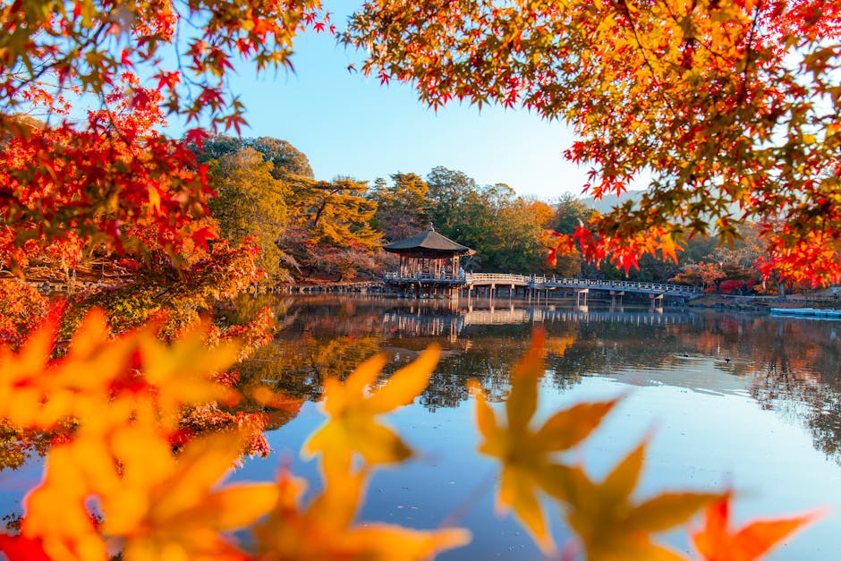 Stunning autumn scene with a gazebo by a reflective lake surrounded by vibrant fall leaves.