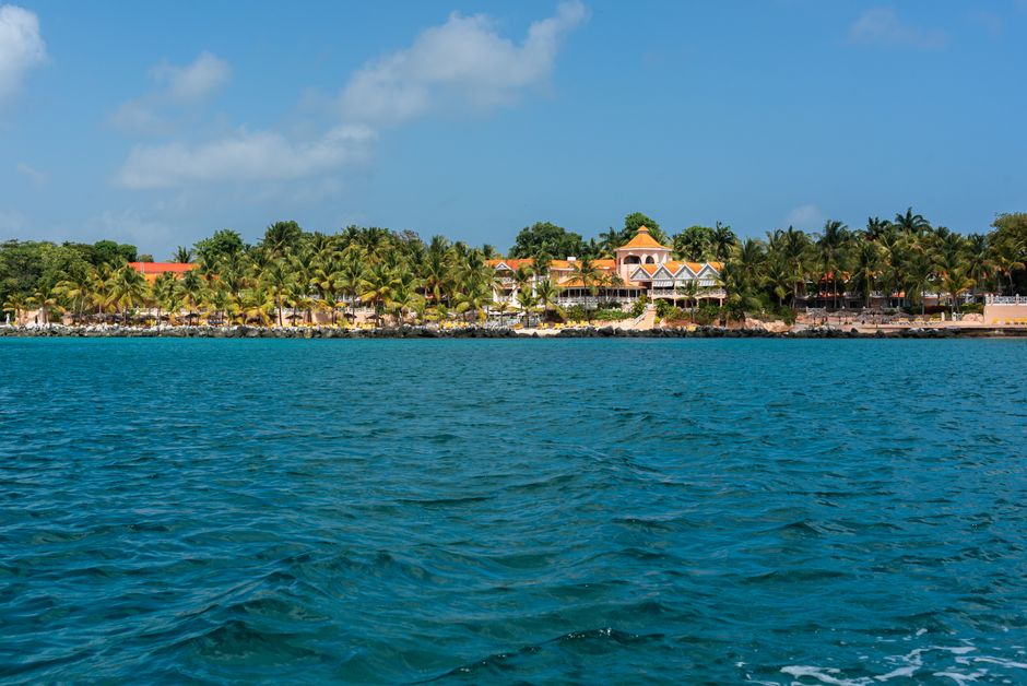 Tropical beachfront scene in Tobago with palm trees and crystal-clear Caribbean waters.